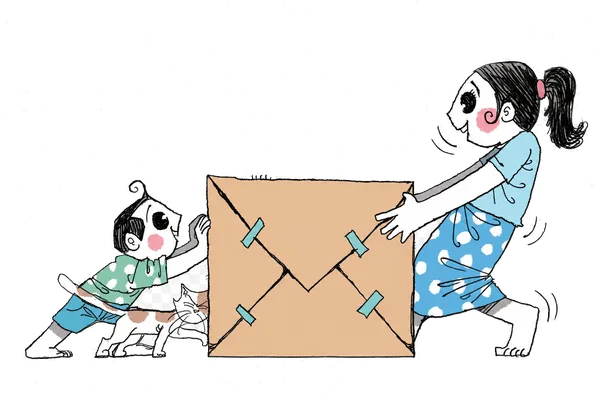 Two children playing with a cardboard box